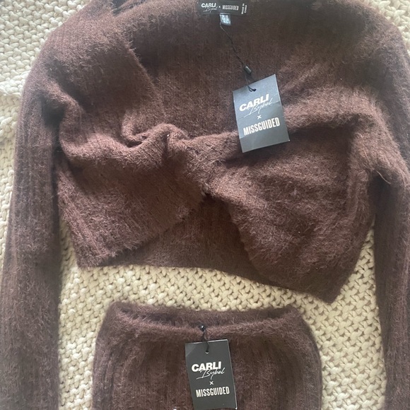 CARLI BYBEL X MISSGUIDED CHOCOLATE CO ORD FLUFFY KNIT SET - Picture 5 of 9